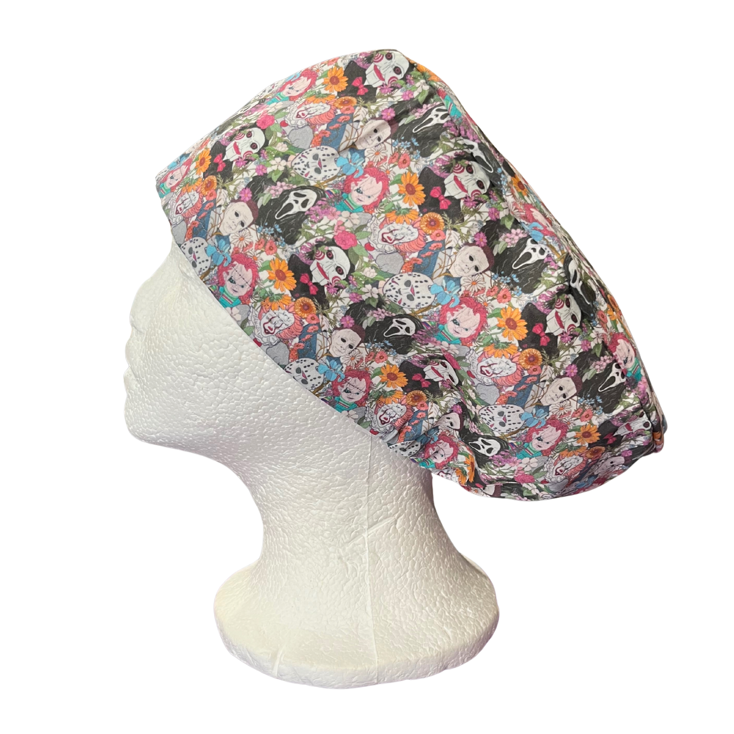 Dusky Scream, Jason, Michael and friends Floral Halloween Hybrid Euro Scrub cap