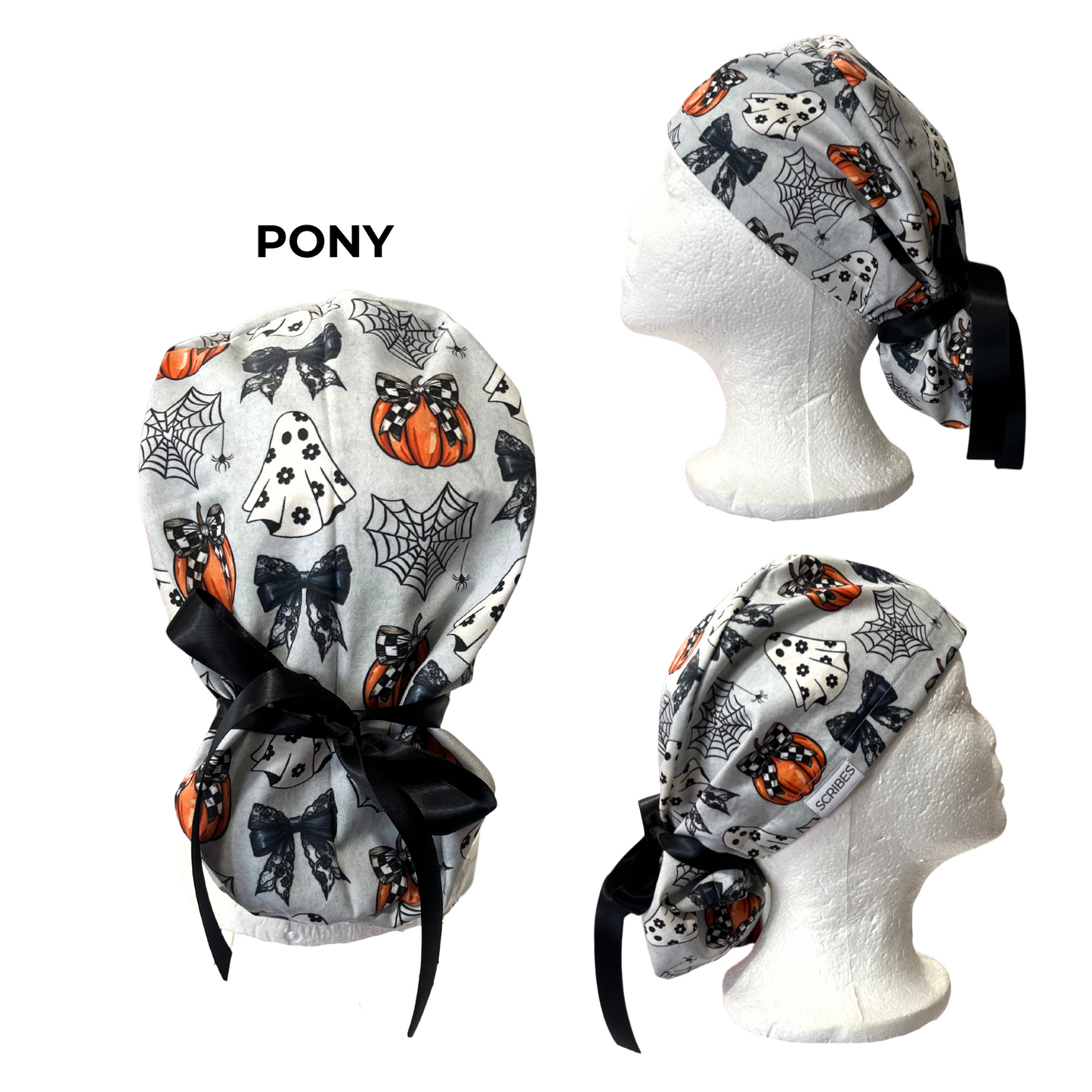 Pre-Order Ghosts and Pumpkins and Bows, Halloween Pony Scrub cap Exclusive Print