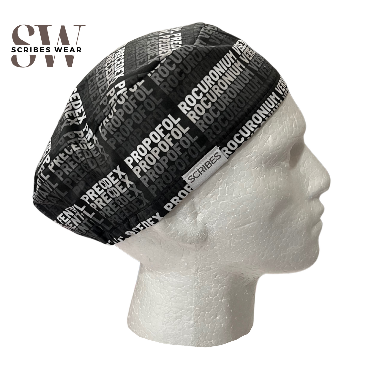 Black Ombre Anesthesia Meds Words Euro Men Scrub Cap