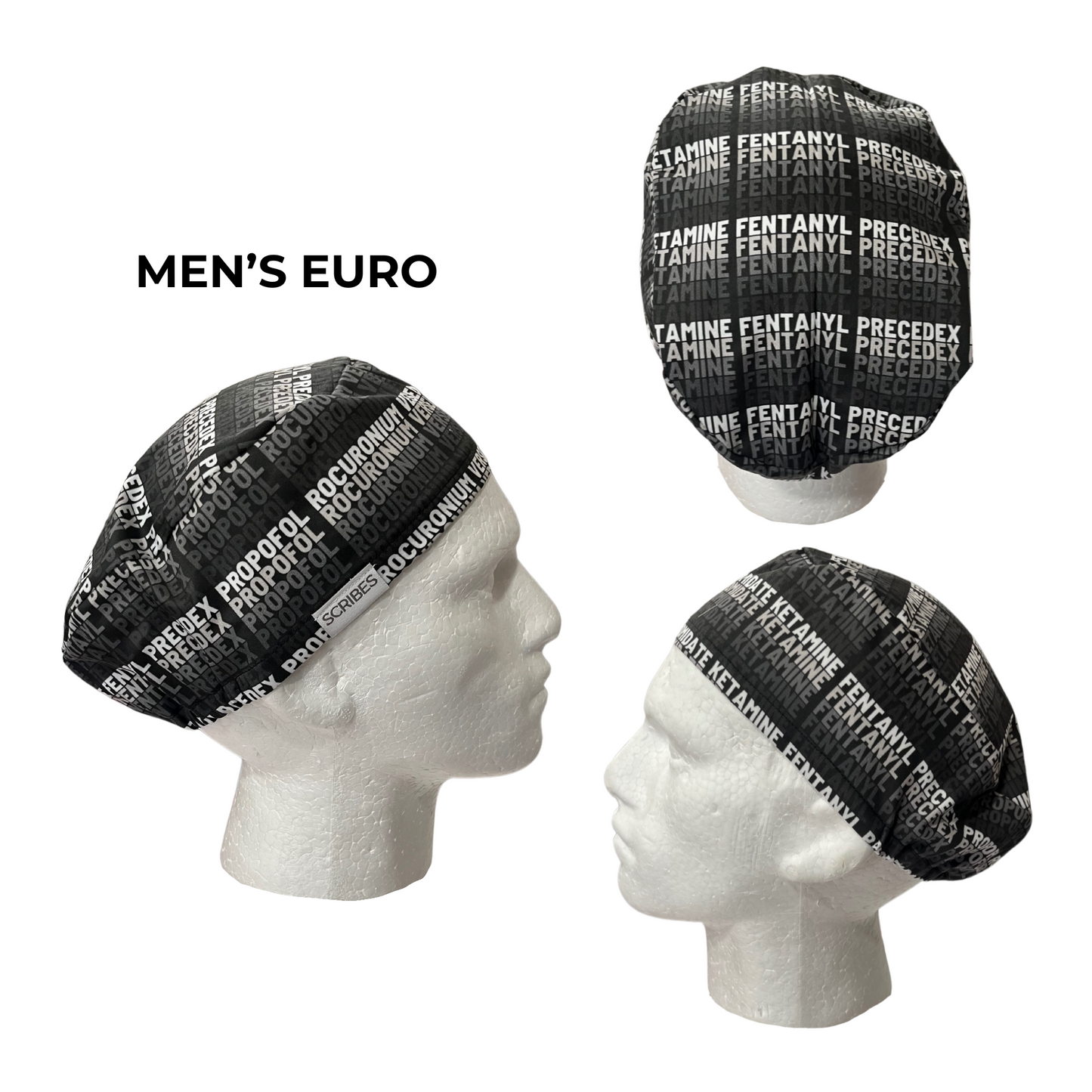 Black Ombre Anesthesia Meds Words Euro Men Scrub Cap