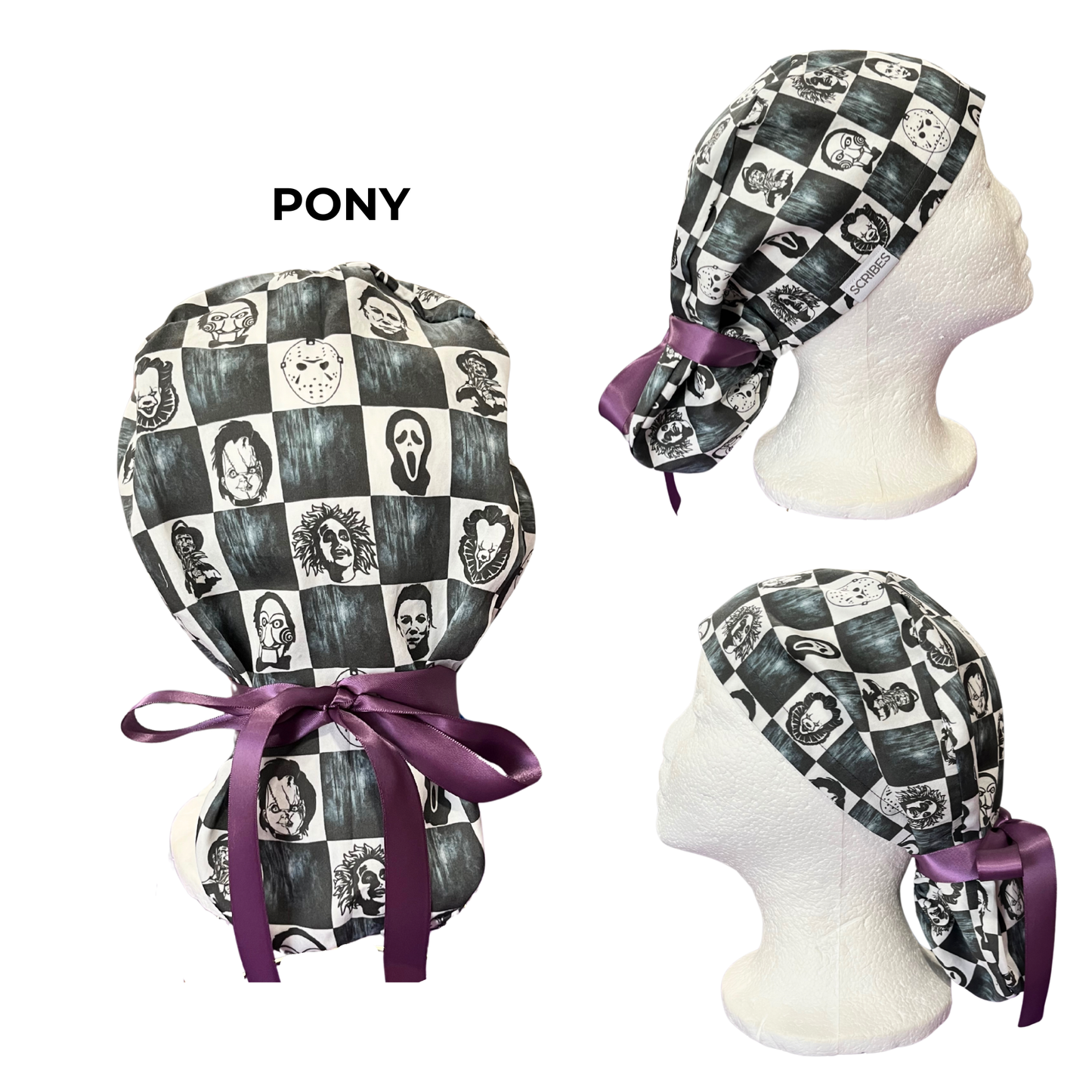Dusky Checkered Villain horror movies Halloween in Pony Scrub cap