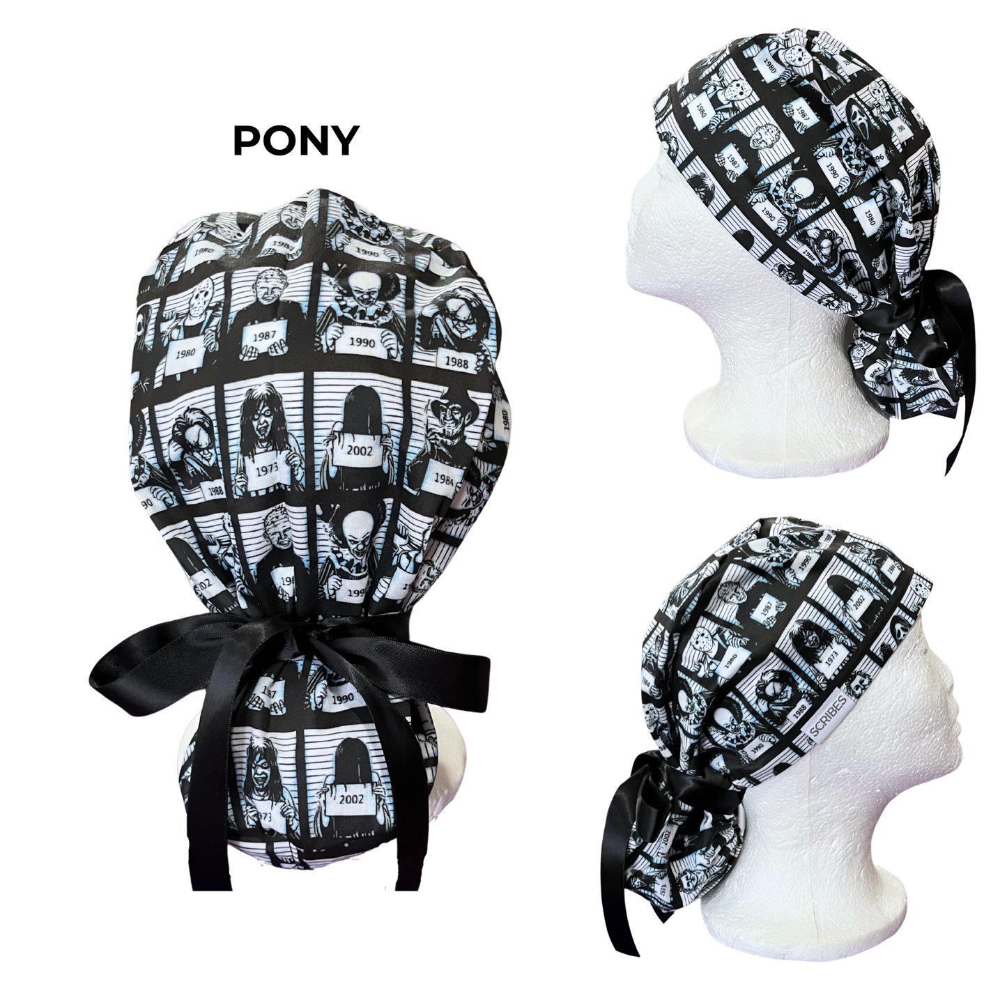 Blue Tine Jail lin up of horror movies villain Halloween in Pony Scrub cap
