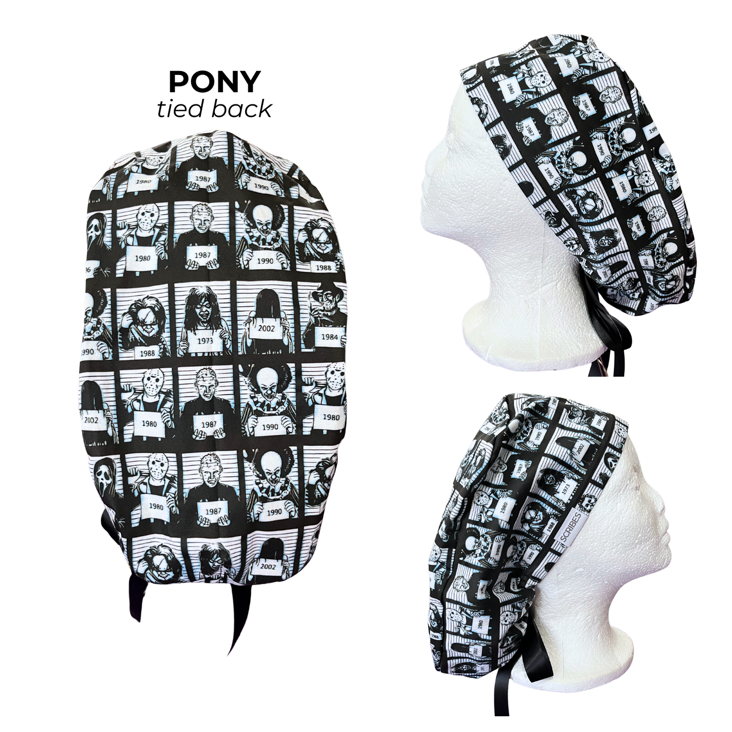 Blue Tine Jail lin up of horror movies villain Halloween in Pony Scrub cap