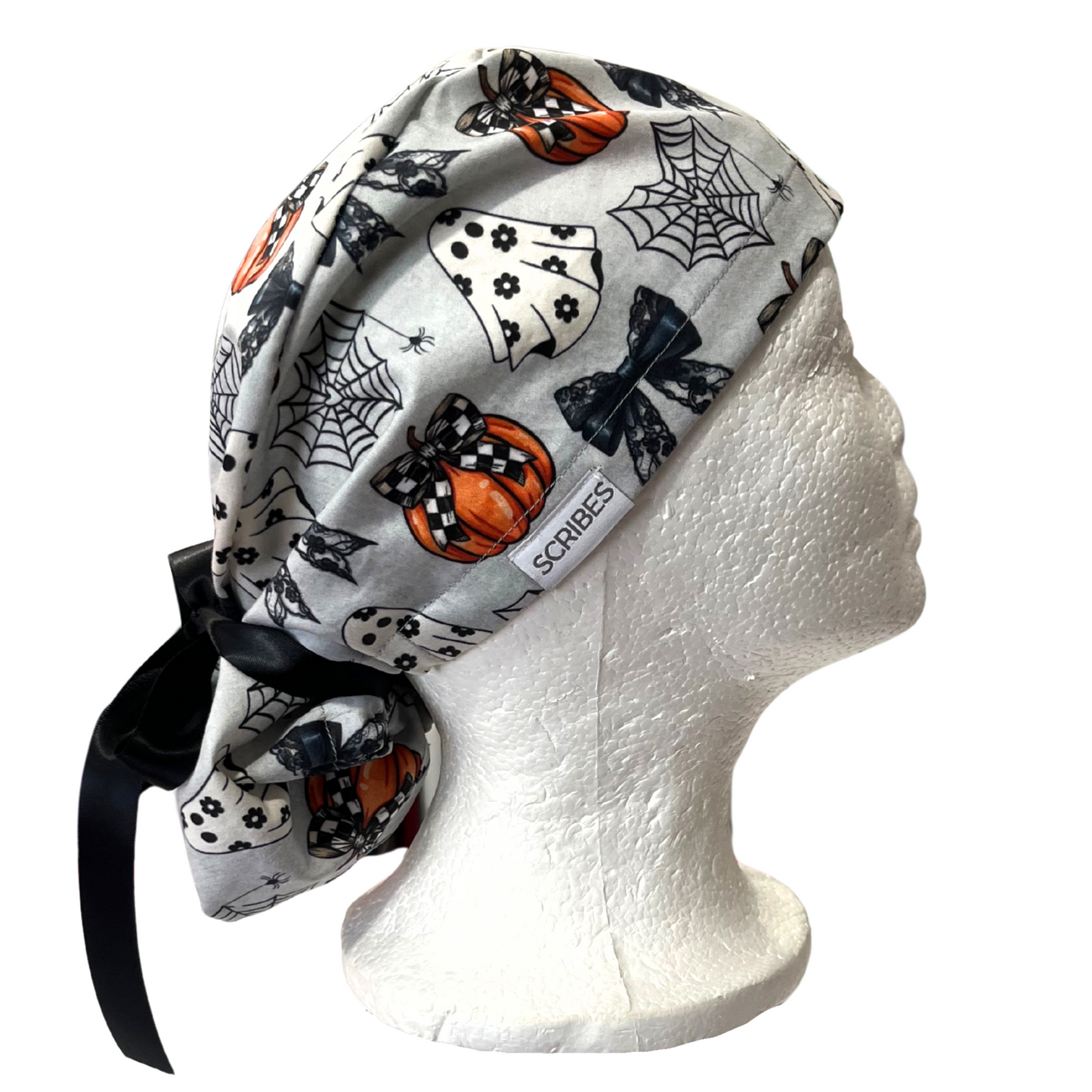 Pre-Order Ghosts and Pumpkins and Bows, Halloween Pony Scrub cap Exclusive Print