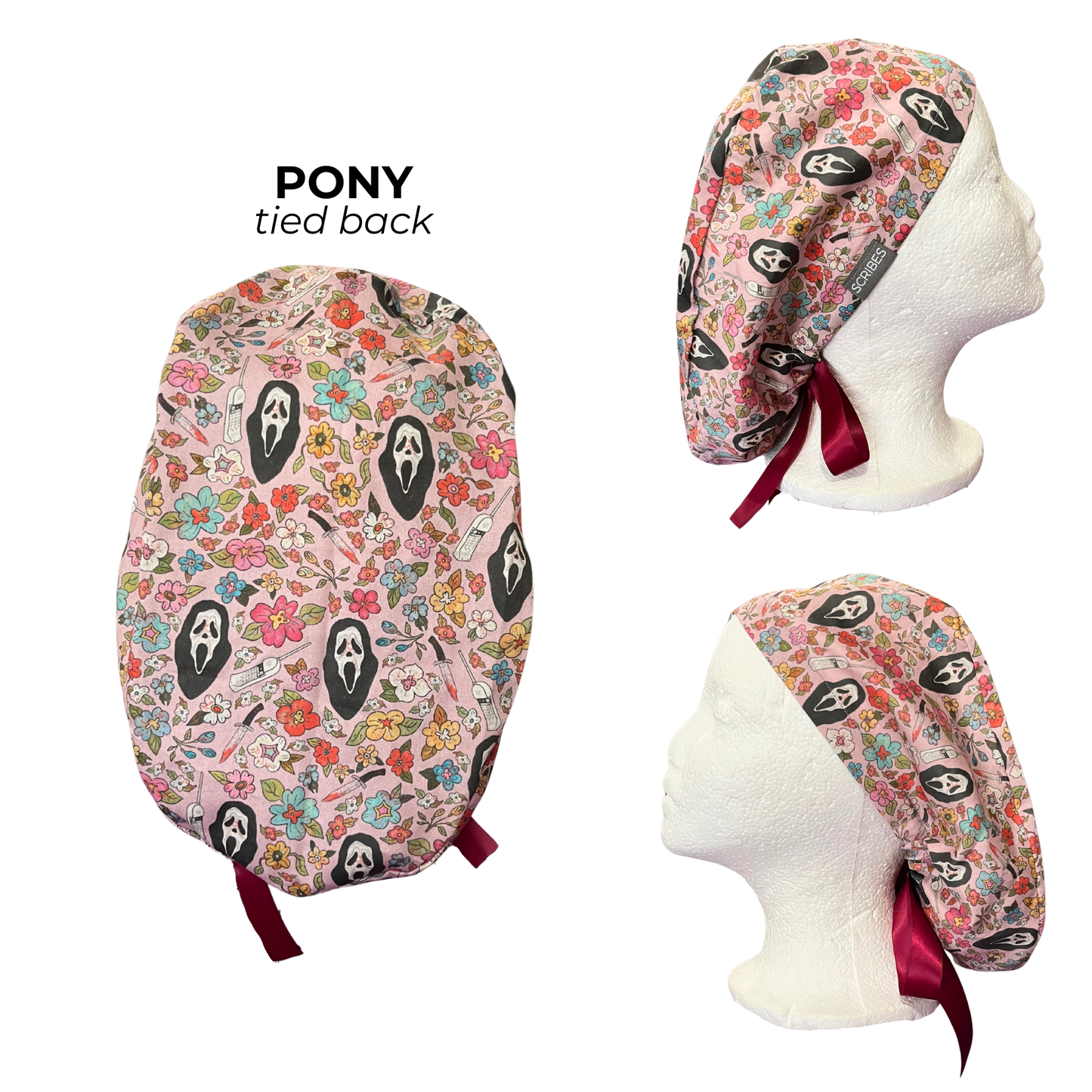 Dusky Pink Scream Halloween Pony Scrub cap