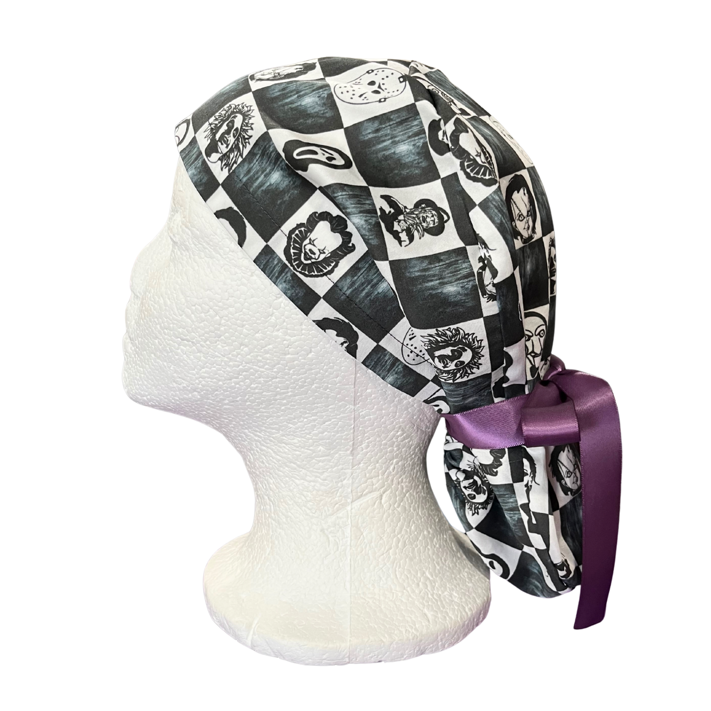 Dusky Checkered Villain horror movies Halloween in Pony Scrub cap