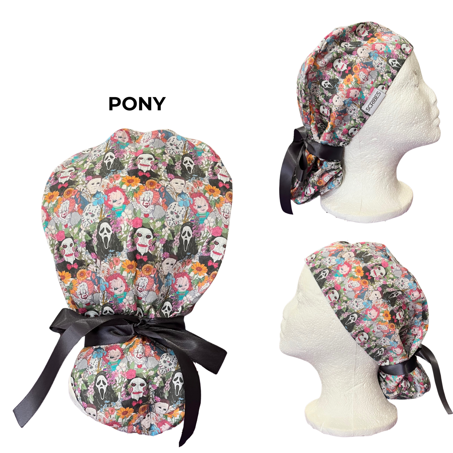Dusky Scream, Jason, Michael and friends Floral Halloween Pony Scrub cap