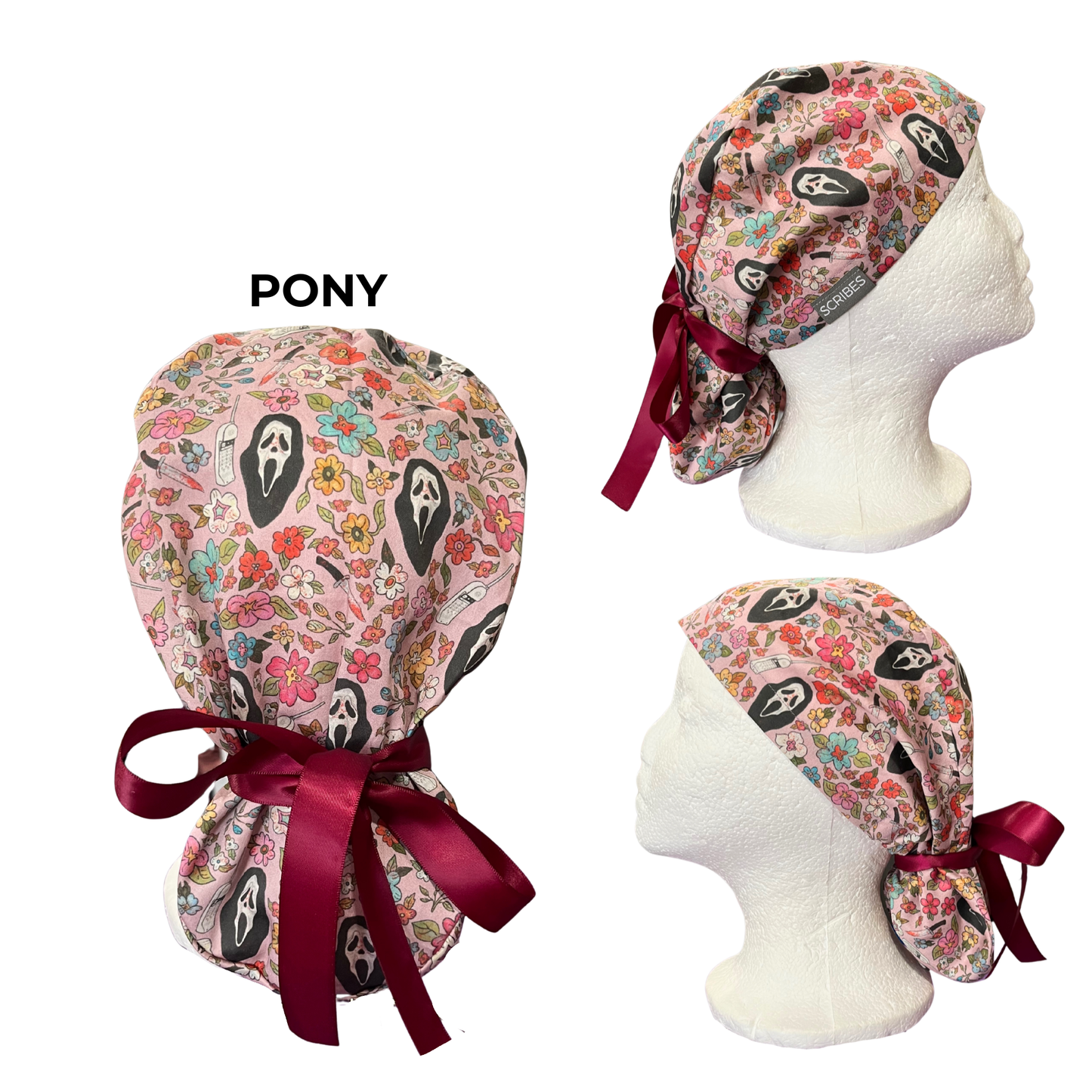 Dusky Pink Scream Halloween Pony Scrub cap