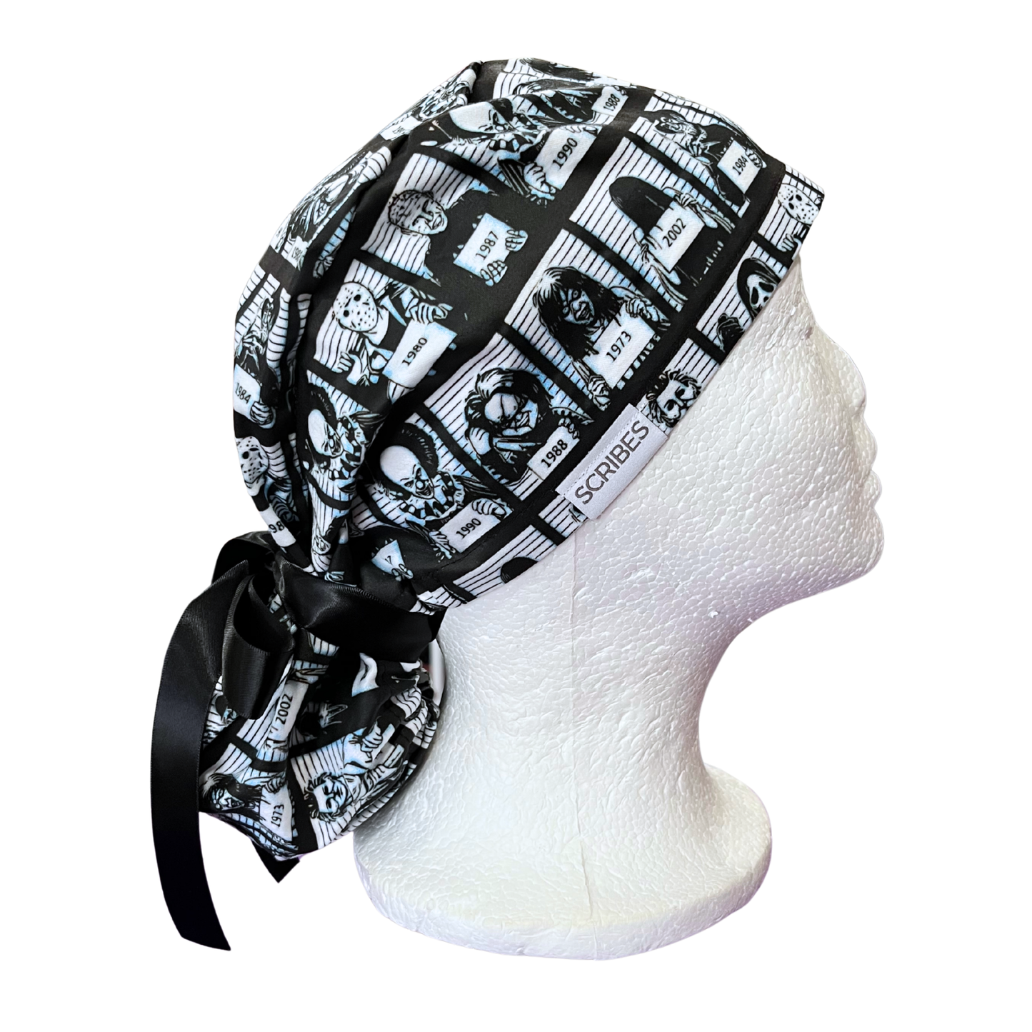 Blue Tine Jail lin up of horror movies villain Halloween in Pony Scrub cap