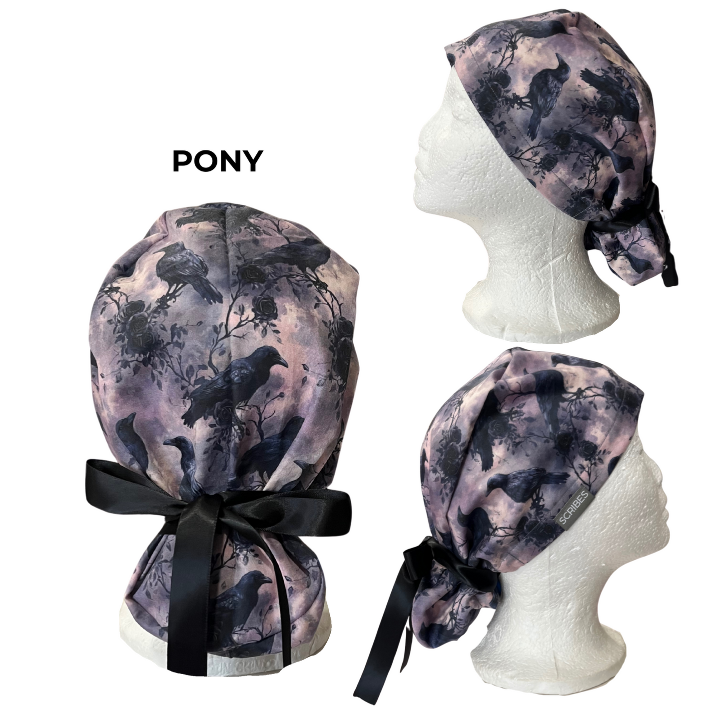 Pre-Order Dark Gothic Ravens Halloween Pony Scrub cap Exclusive Print