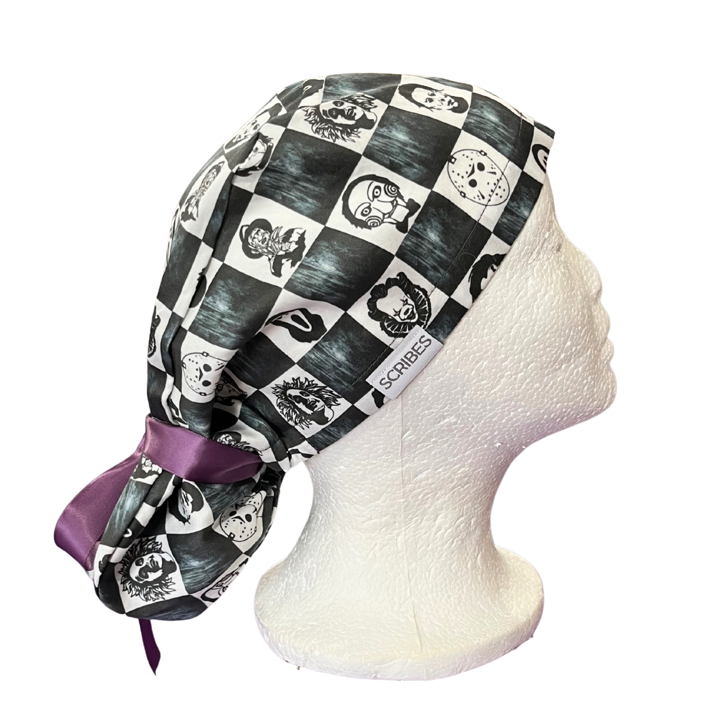Dusky Checkered Villain horror movies Halloween in Pony Scrub cap