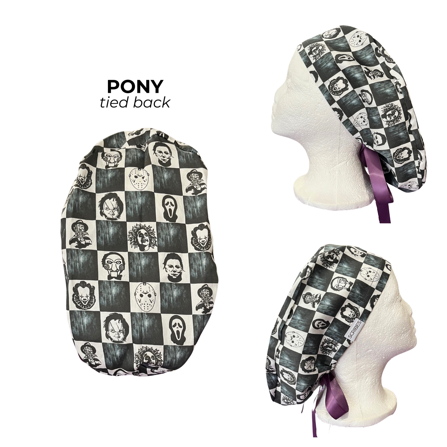 Dusky Checkered Villain horror movies Halloween in Pony Scrub cap