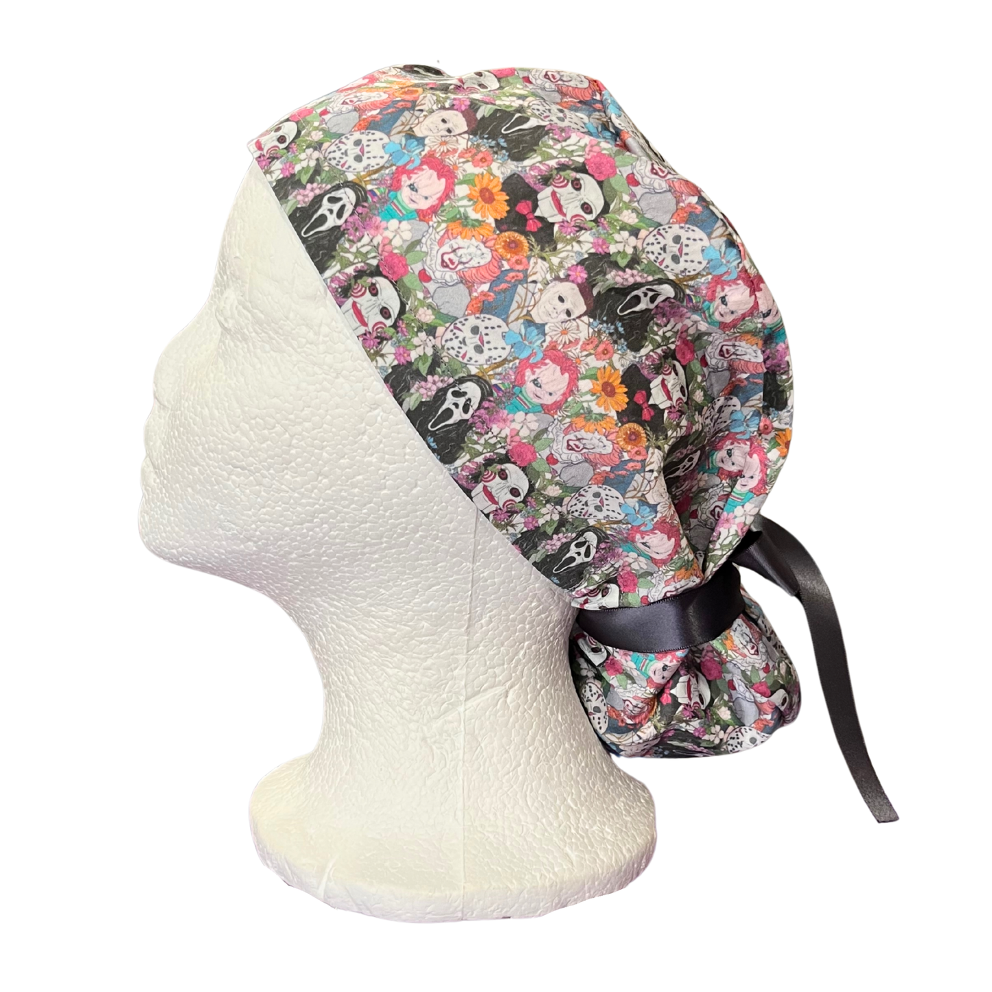 Dusky Scream, Jason, Michael and friends Floral Halloween Pony Scrub cap