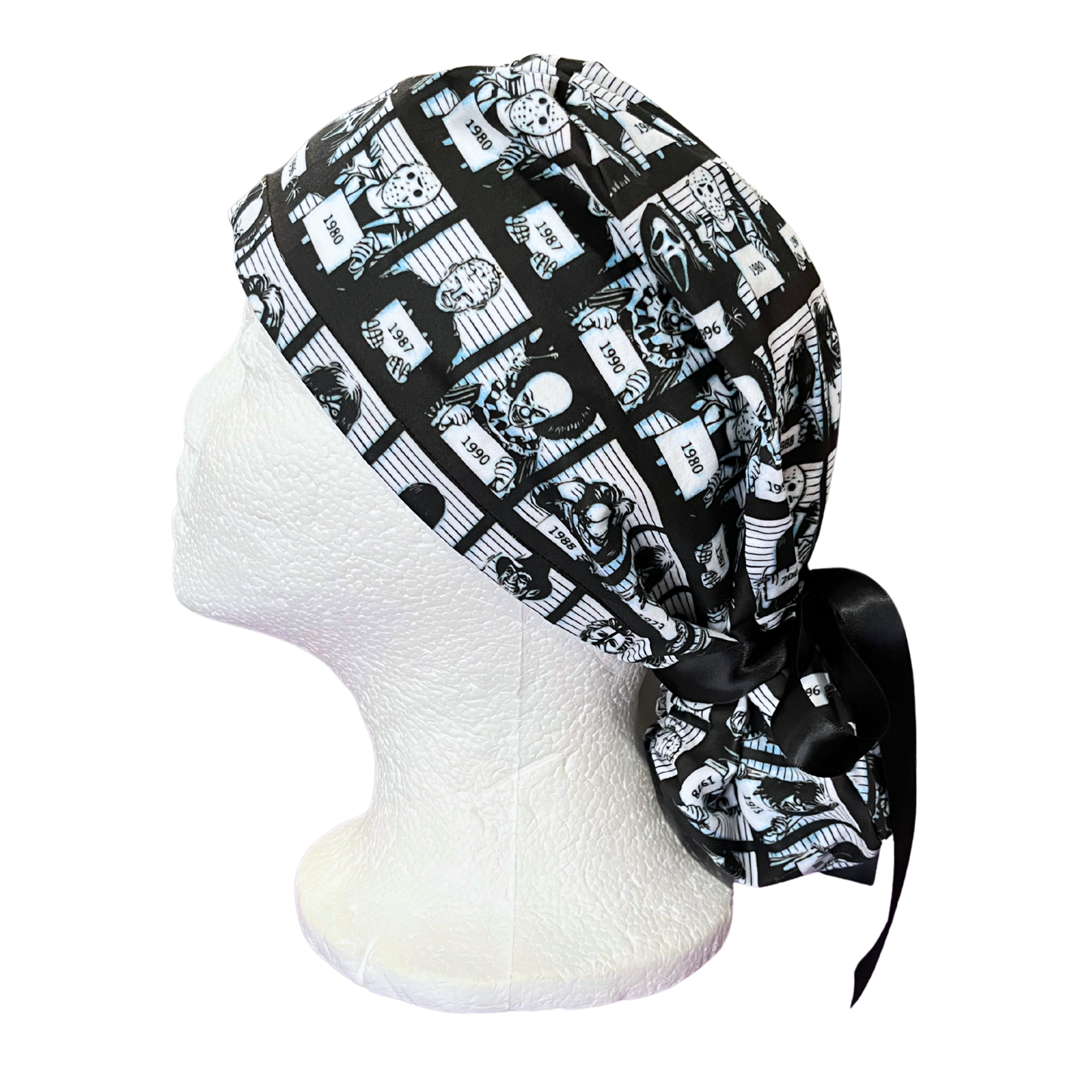 Blue Tine Jail lin up of horror movies villain Halloween in Pony Scrub cap