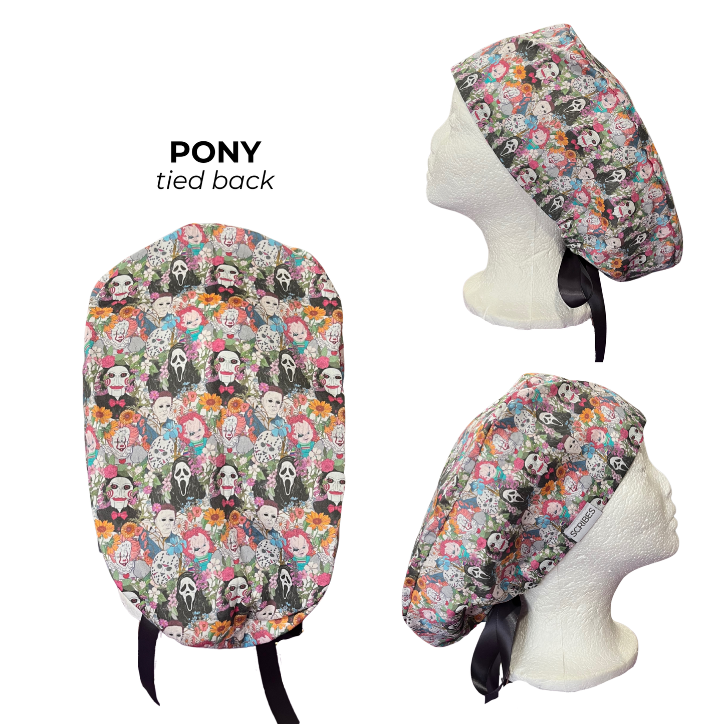 Dusky Scream, Jason, Michael and friends Floral Halloween Pony Scrub cap