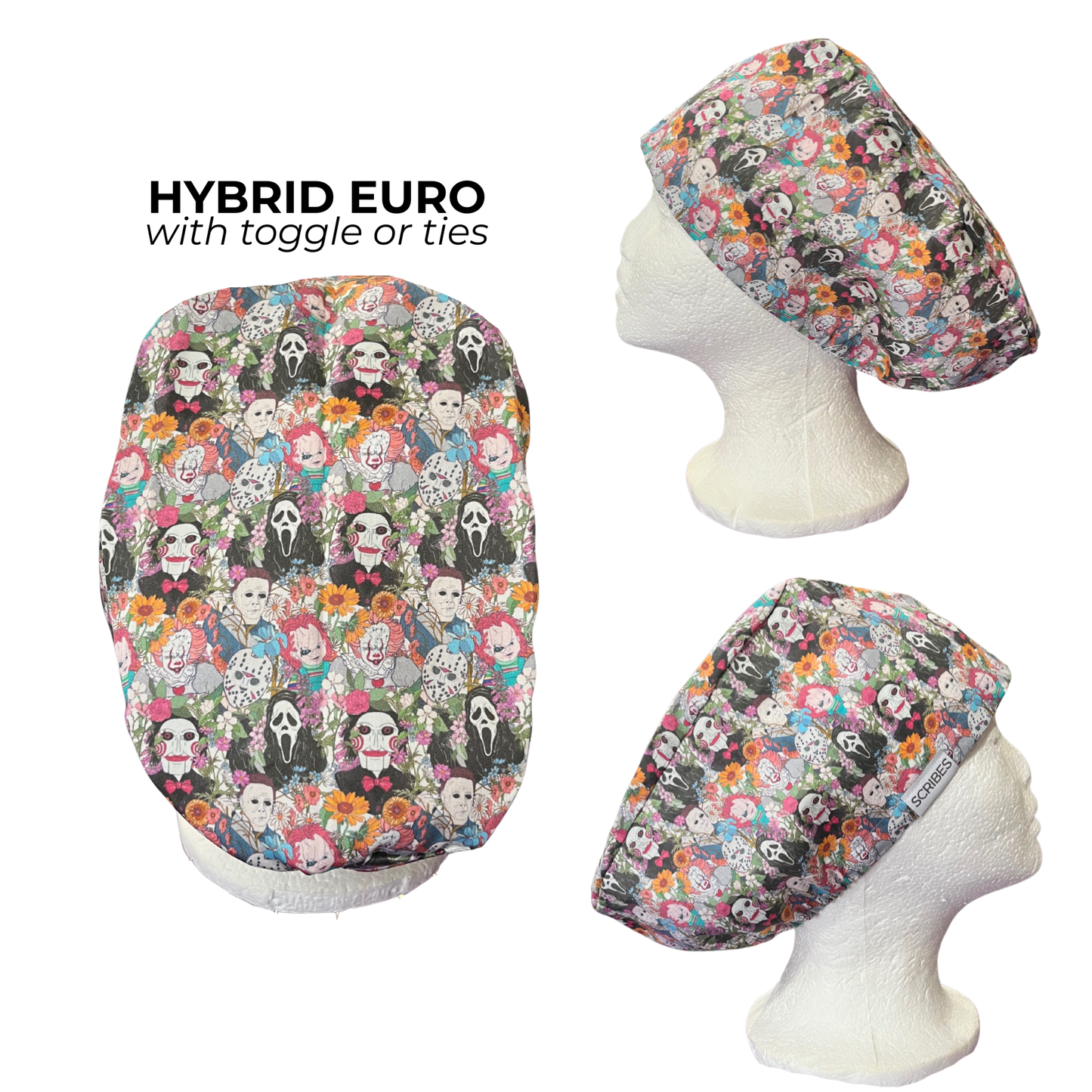 Dusky Scream, Jason, Michael and friends Floral Halloween Hybrid Euro Scrub cap