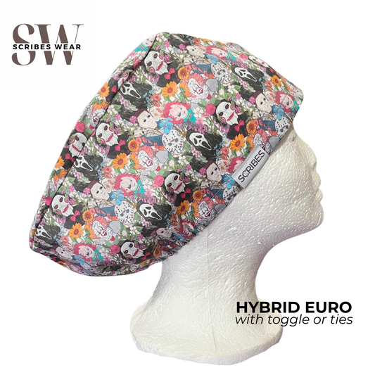 Dusky Scream, Jason, Michael and friends Floral  Halloween Hybrid Euro Scrub cap