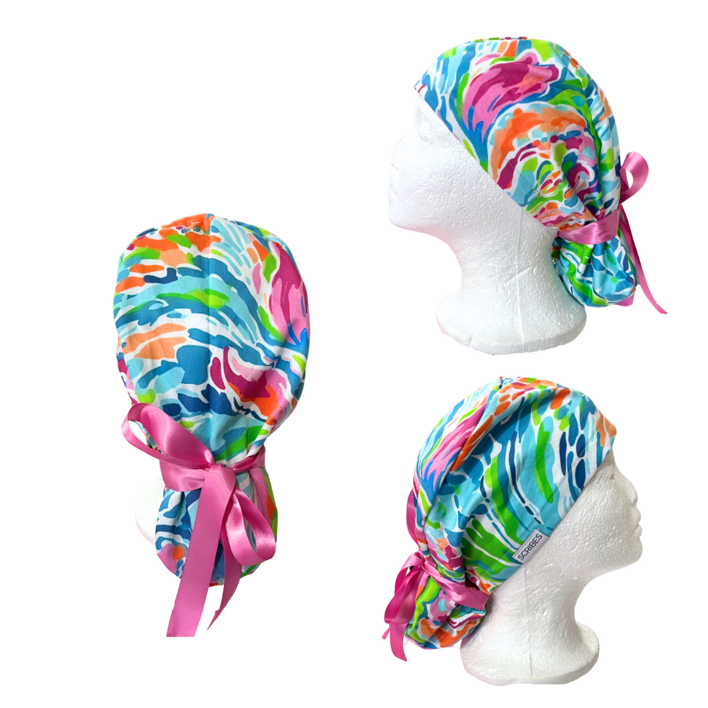 Florida Florals Pinks and Teals scrub cap in Pony Style