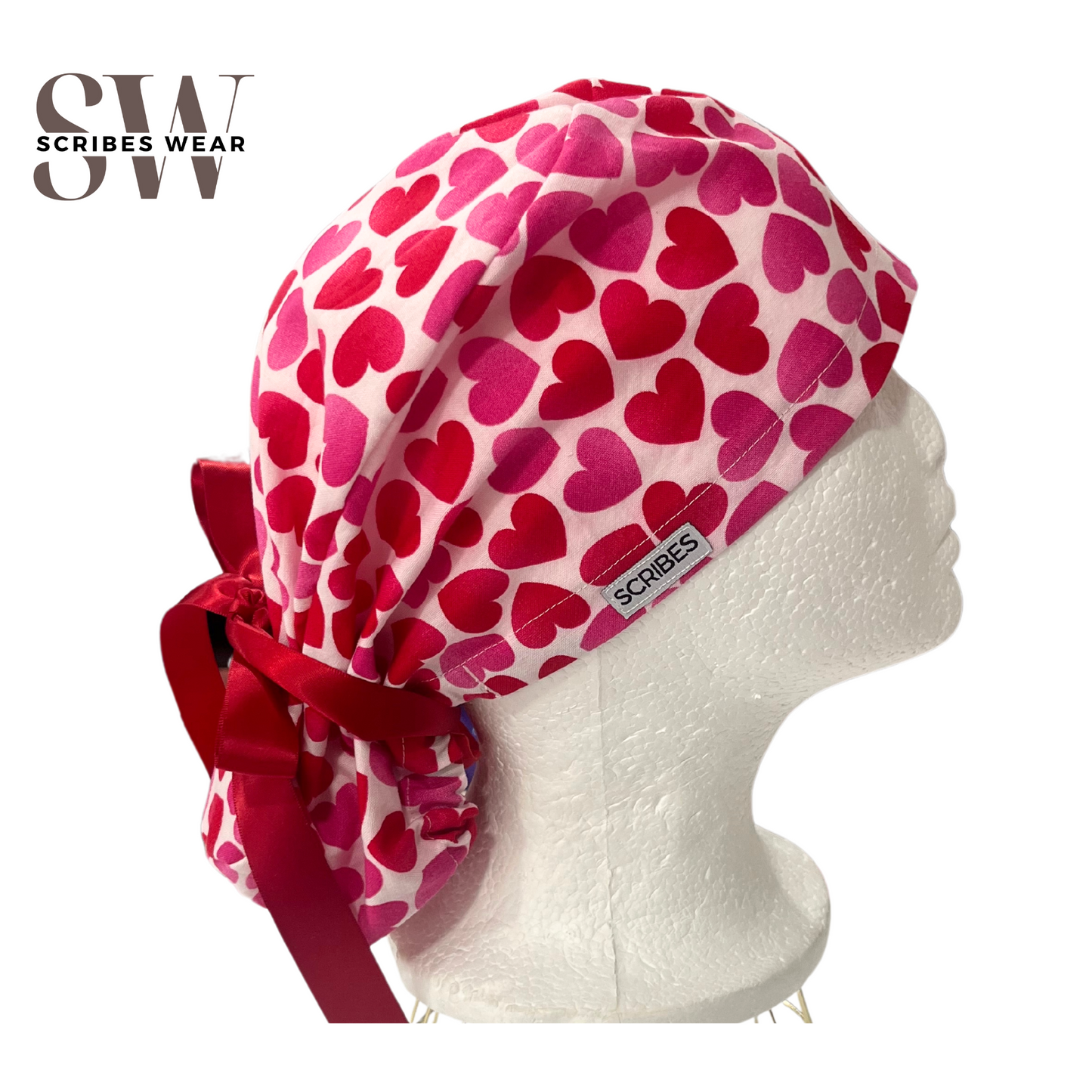 Pink and Red Hearts Valentine Pony Style Scrub Cap