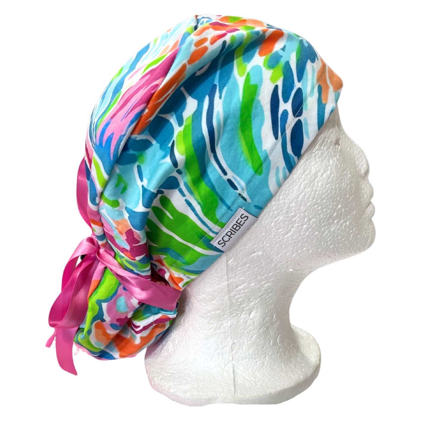 Florida Florals Pinks and Teals scrub cap in Pony Style