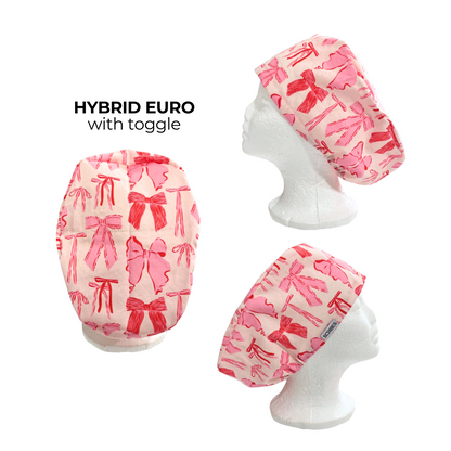 Bows in Pink Hybrid Euro Style Scrub Cap