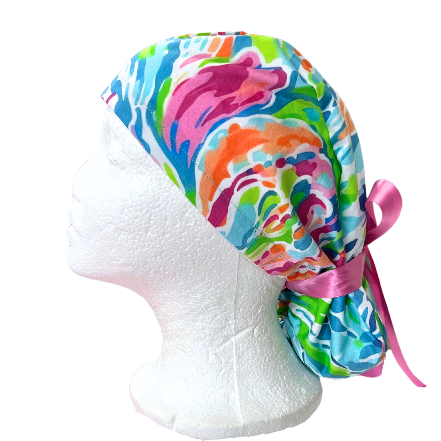 Florida Florals Pinks and Teals scrub cap in Pony Style