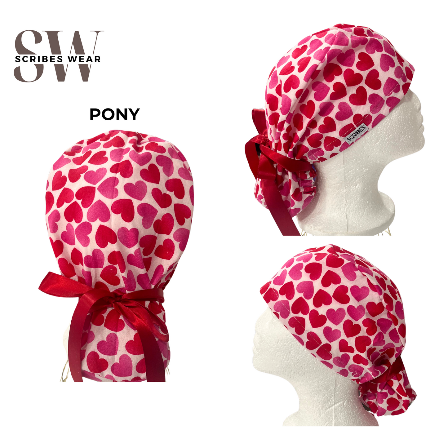 Pink and Red Hearts Valentine Pony Style Scrub Cap