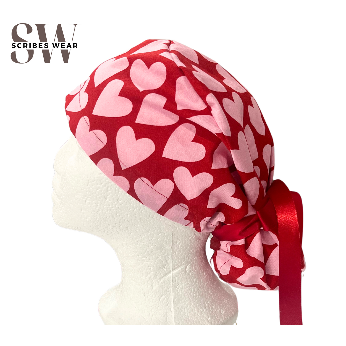 Pink Hearts Valentine Pony Style Scrub Cap