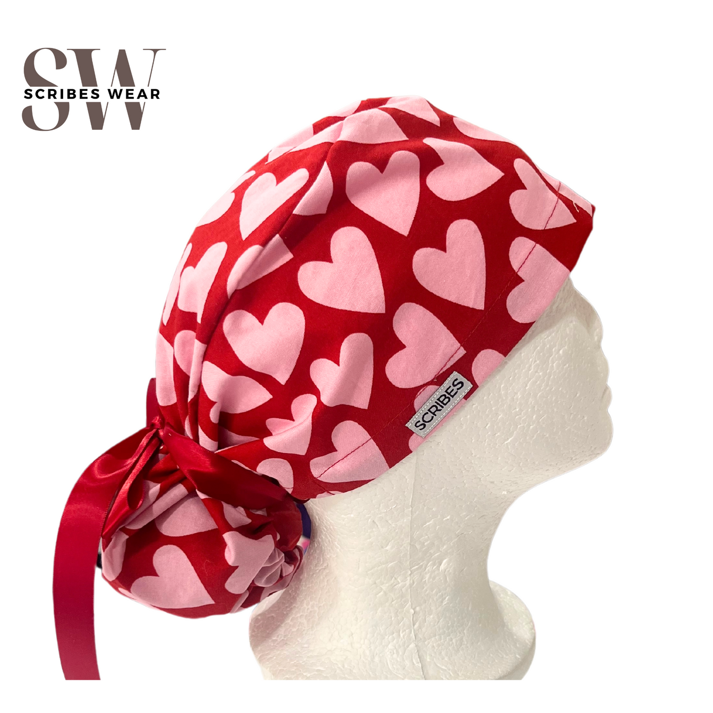 Pink Hearts Valentine Pony Style Scrub Cap