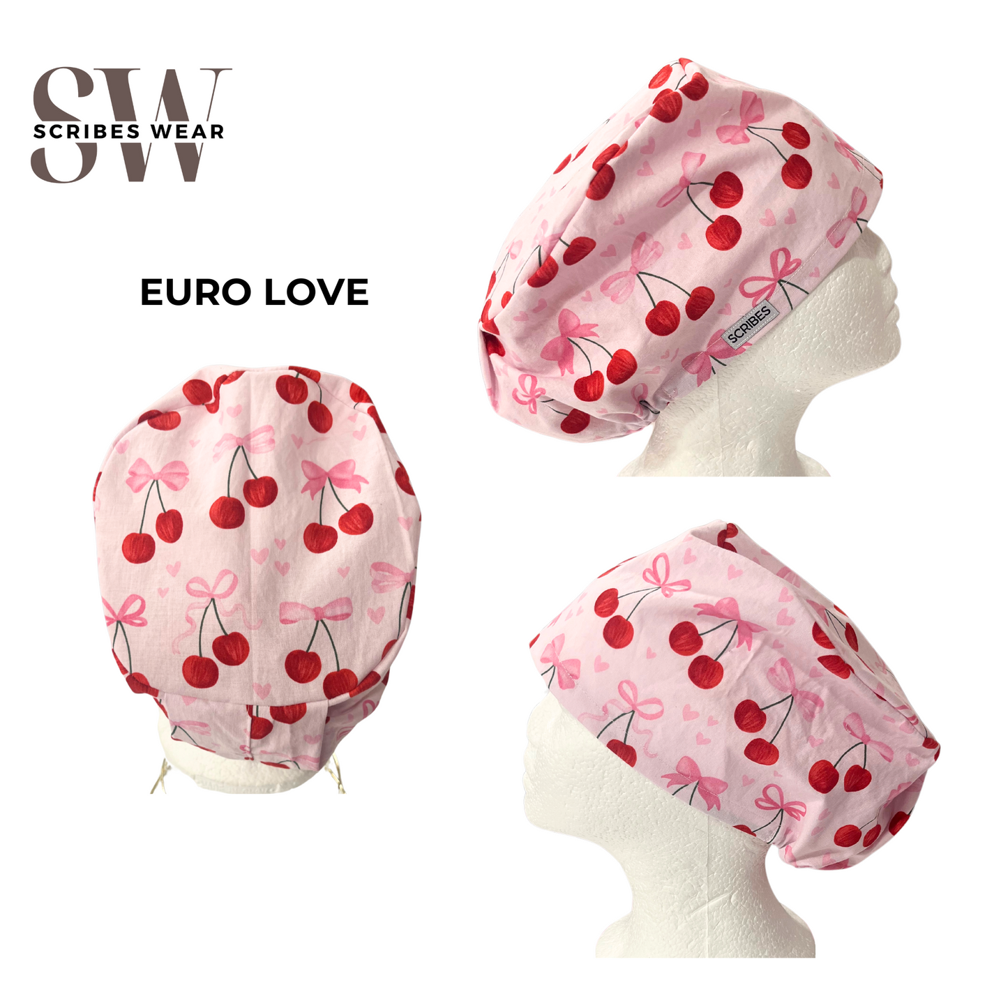 Cherries and Bowties Euro Love Style Scrub cap