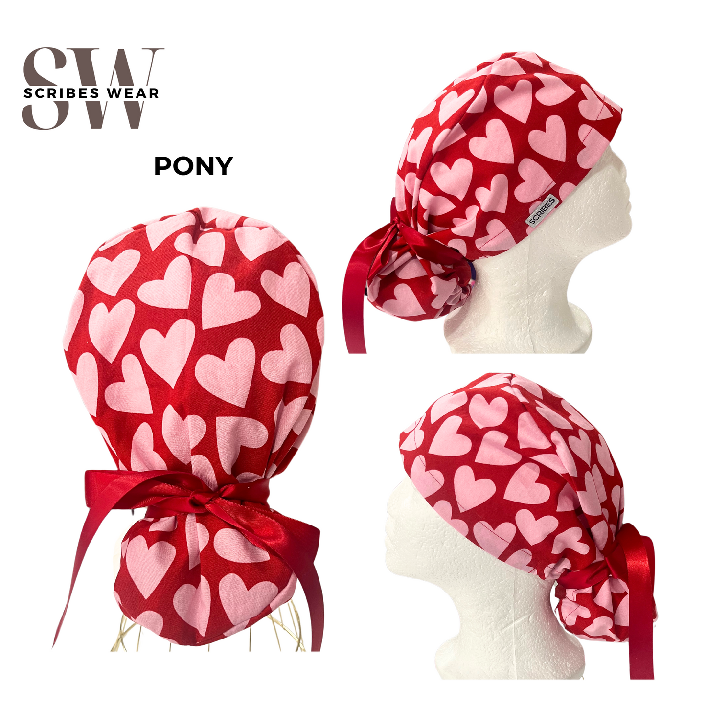 Pink Hearts Valentine Pony Style Scrub Cap