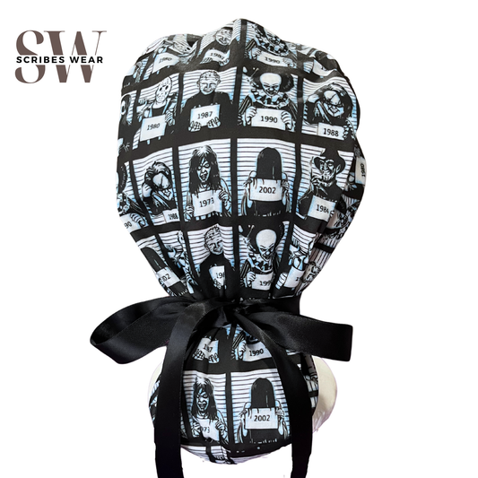 Blue Tine Jail lin up of horror movies villain Halloween in Pony Scrub cap