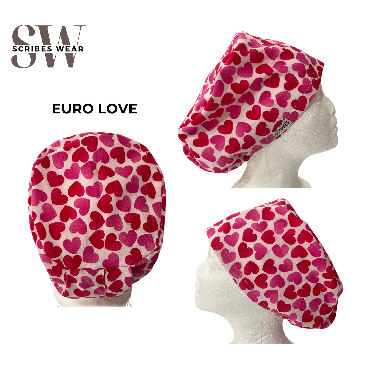 Pink and Red Hearts Valentine Euro Love Style Scrub Cap