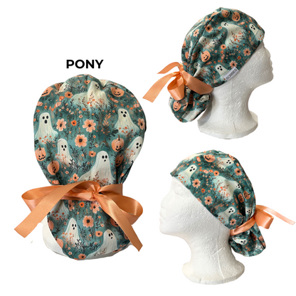 Peach Ghosts and Pumpkins, Halloween Pony Scrub cap Exclusive Print