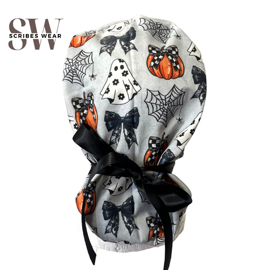 Pre-Order Ghosts and Pumpkins and Bows, Halloween Pony Scrub cap Exclusive Print