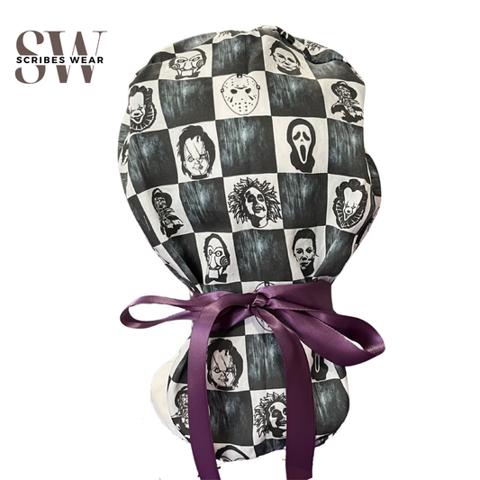 Dusky Checkered Villain horror movies Halloween in Pony Scrub cap