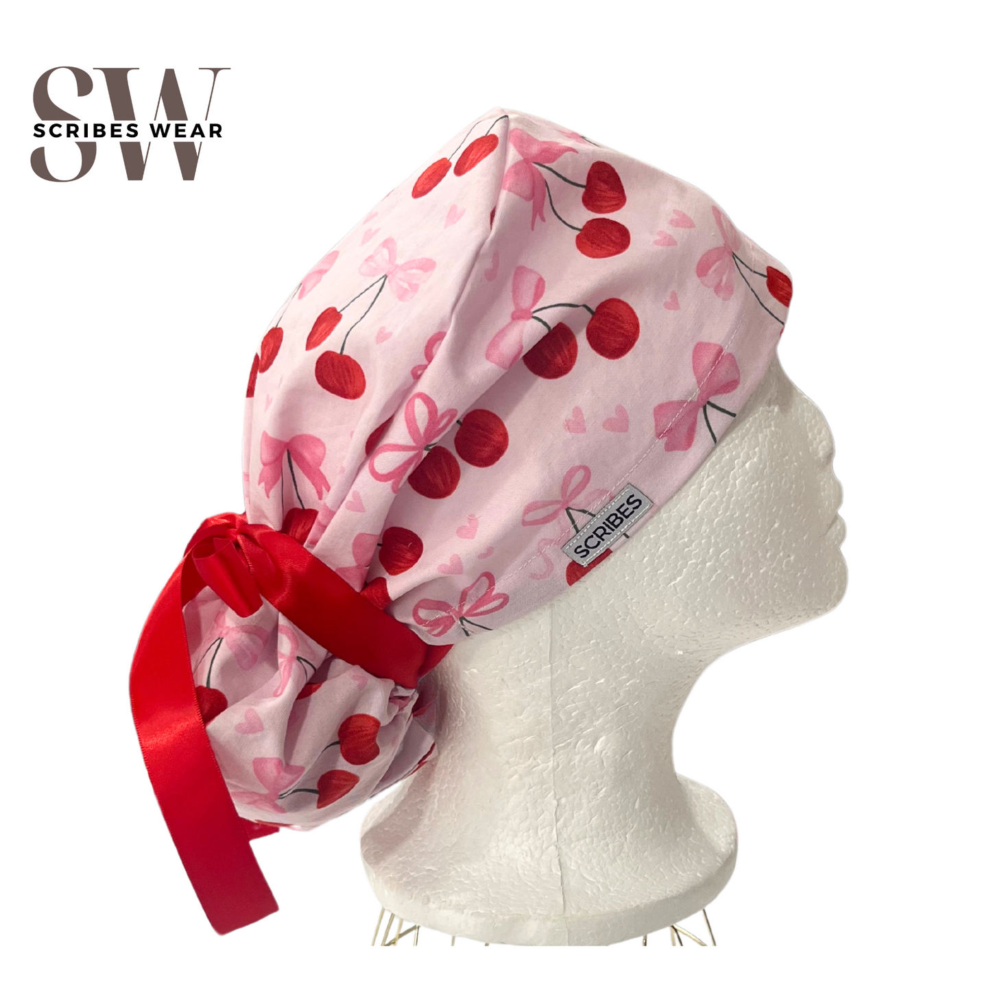 Cherries and Bowties Pony Style Scrub Cap