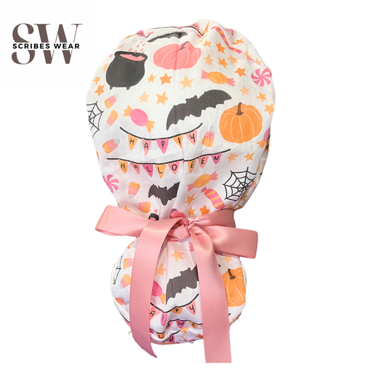 Happy Halloween with pumpkins and bats in Pony Scrub cap