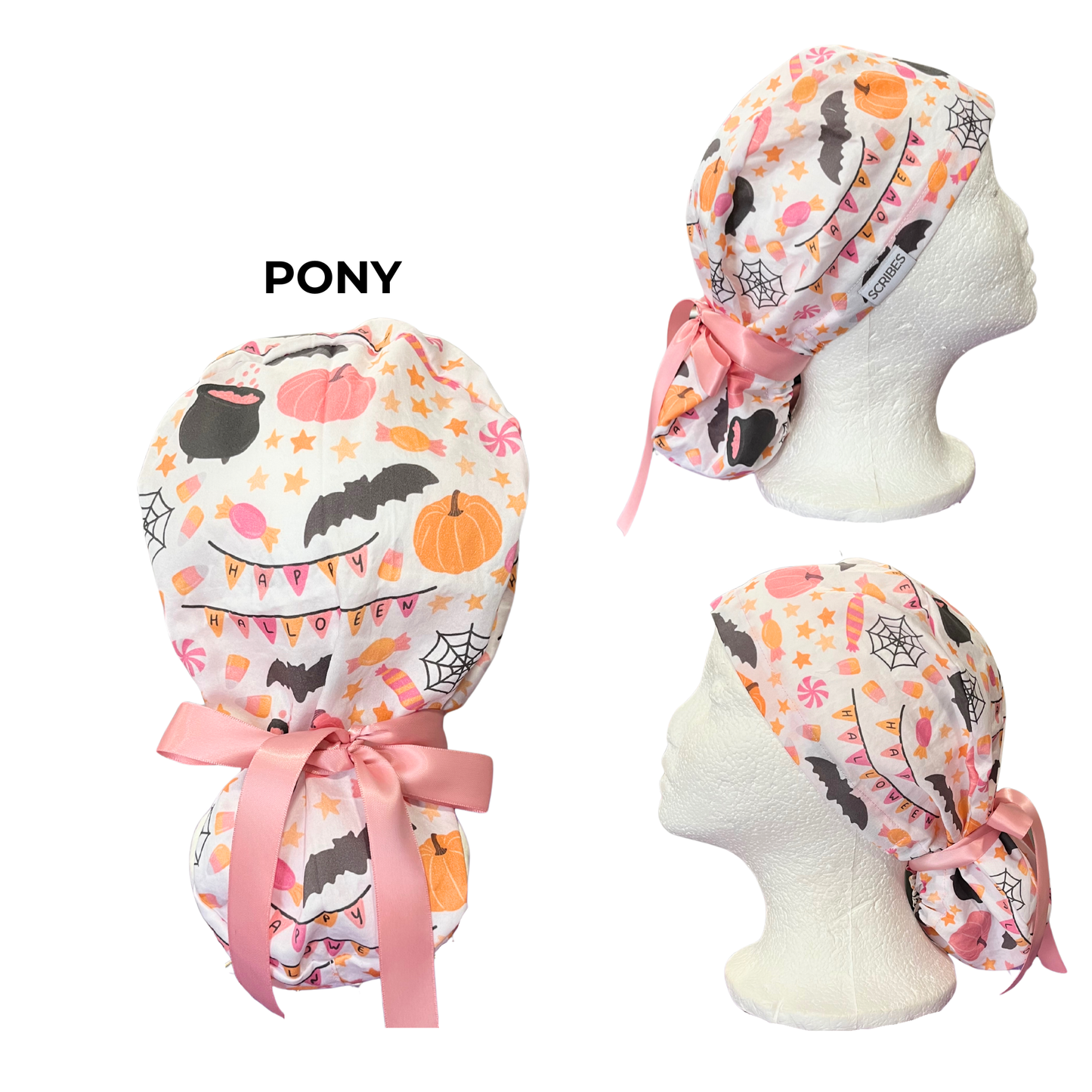 Happy Halloween with pumpkins and bats in Pony Scrub cap