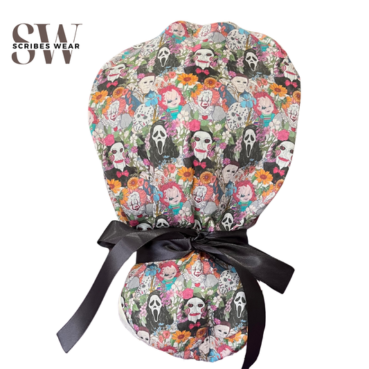 Dusky Scream, Jason, Michael and friends Floral  Halloween Pony Scrub cap