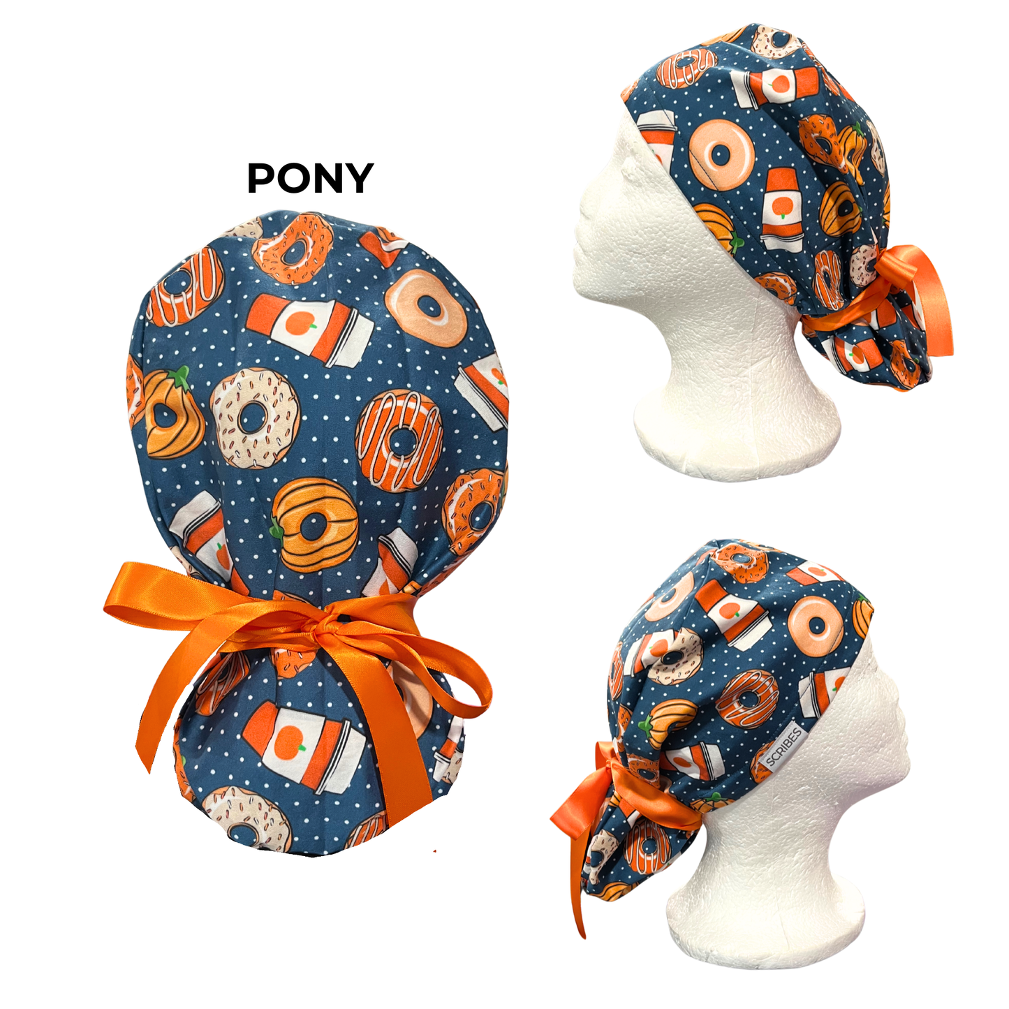 Donuts and pumpkin spice polka dots Pony Scrub cap