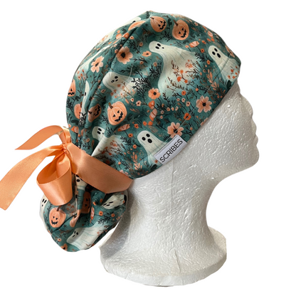 Peach Ghosts and Pumpkins, Halloween Pony Scrub cap Exclusive Print