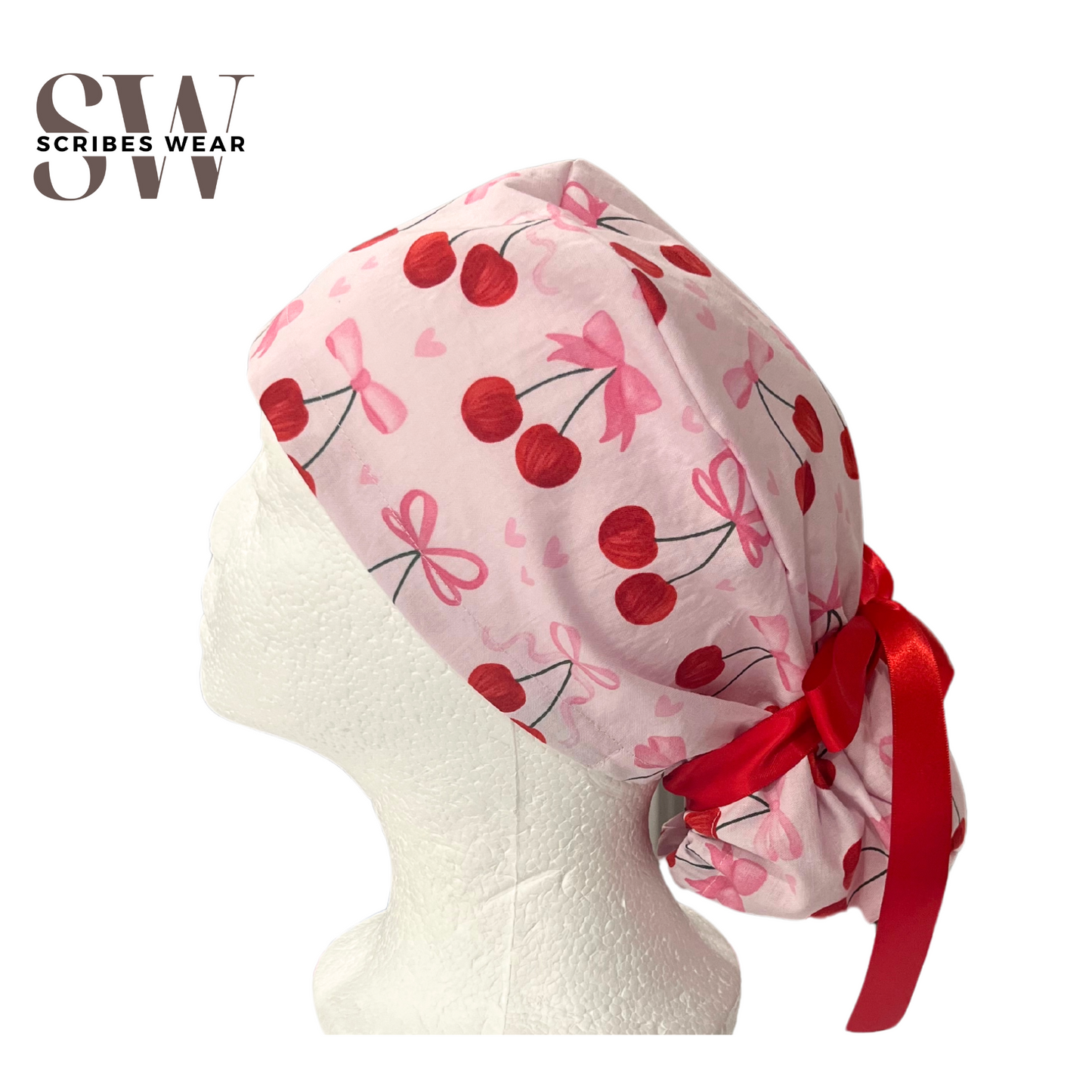 Cherries and Bowties Pony Style Scrub Cap