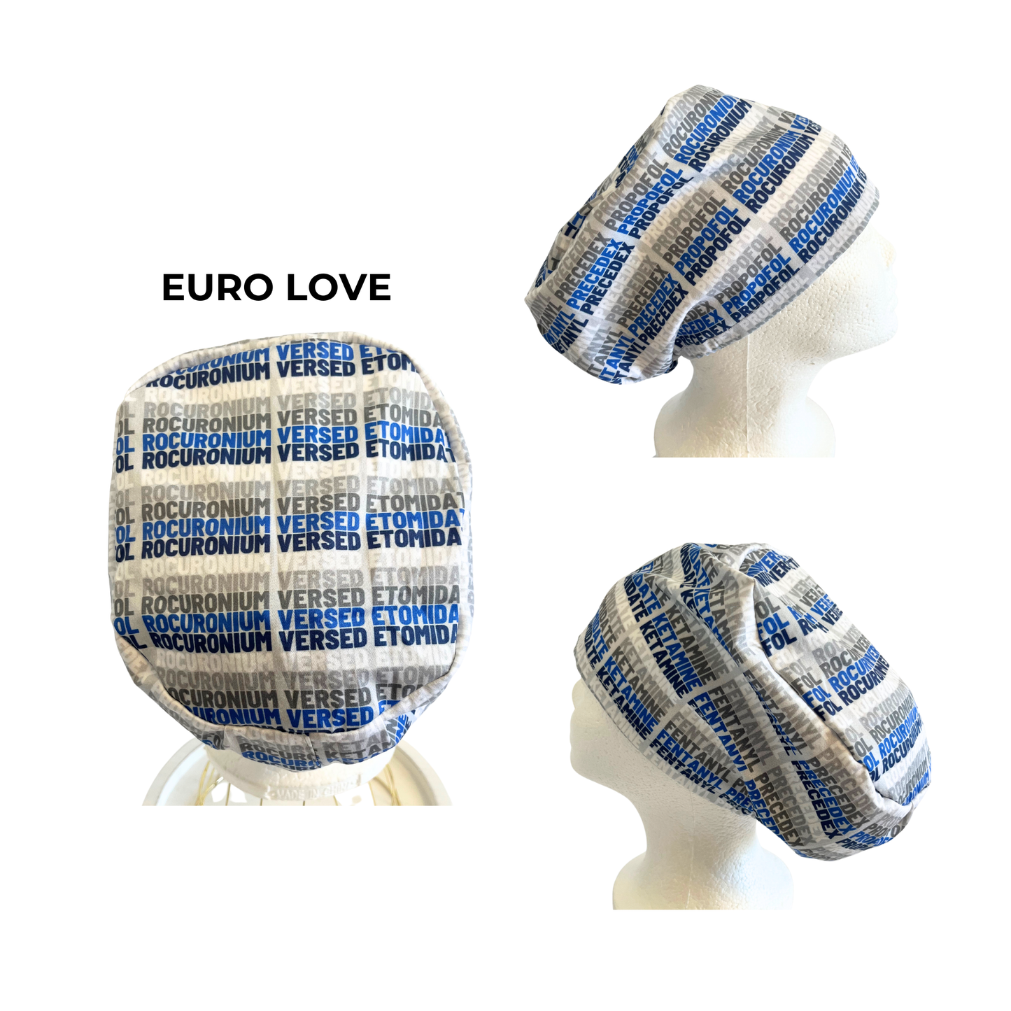 Blue/Gray Anesthesia Euro Love Style Scrub Cap