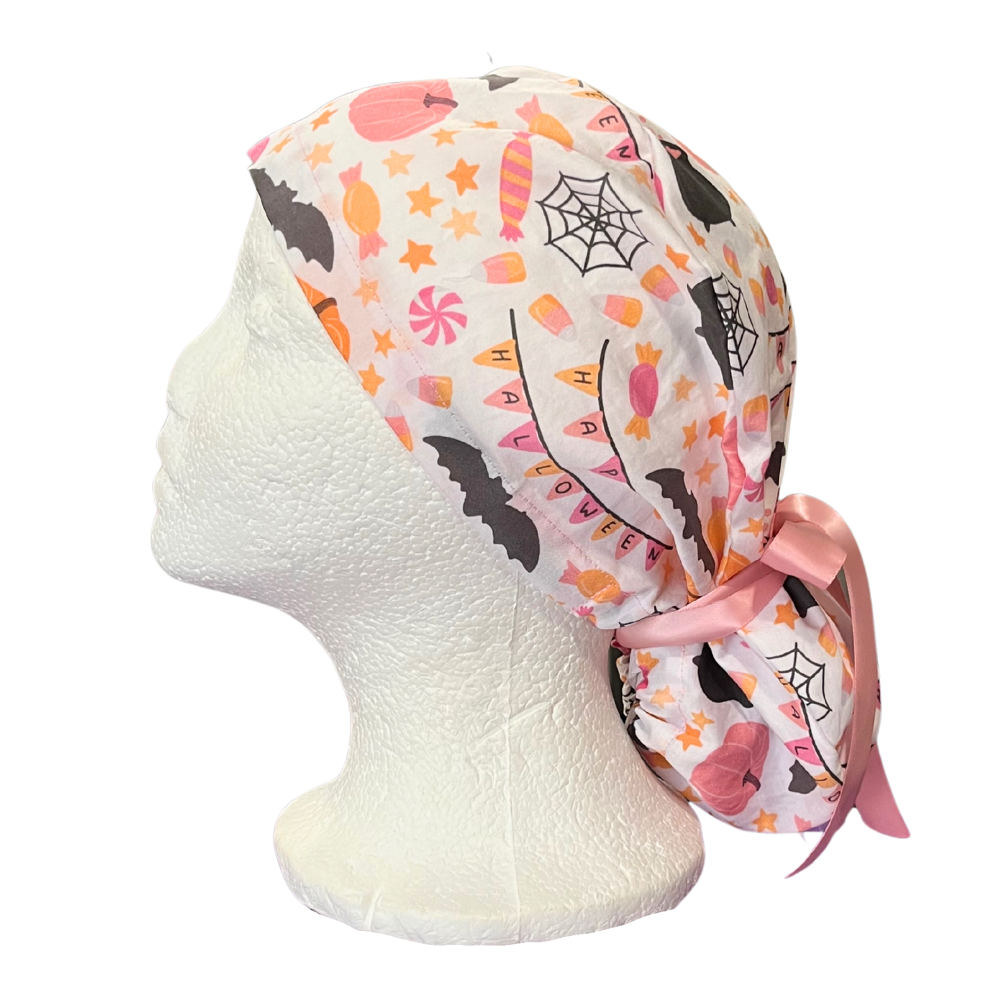 Happy Halloween with pumpkins and bats in Pony Scrub cap