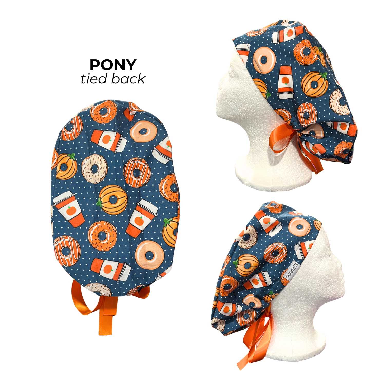 Donuts and pumpkin spice polka dots Pony Scrub cap