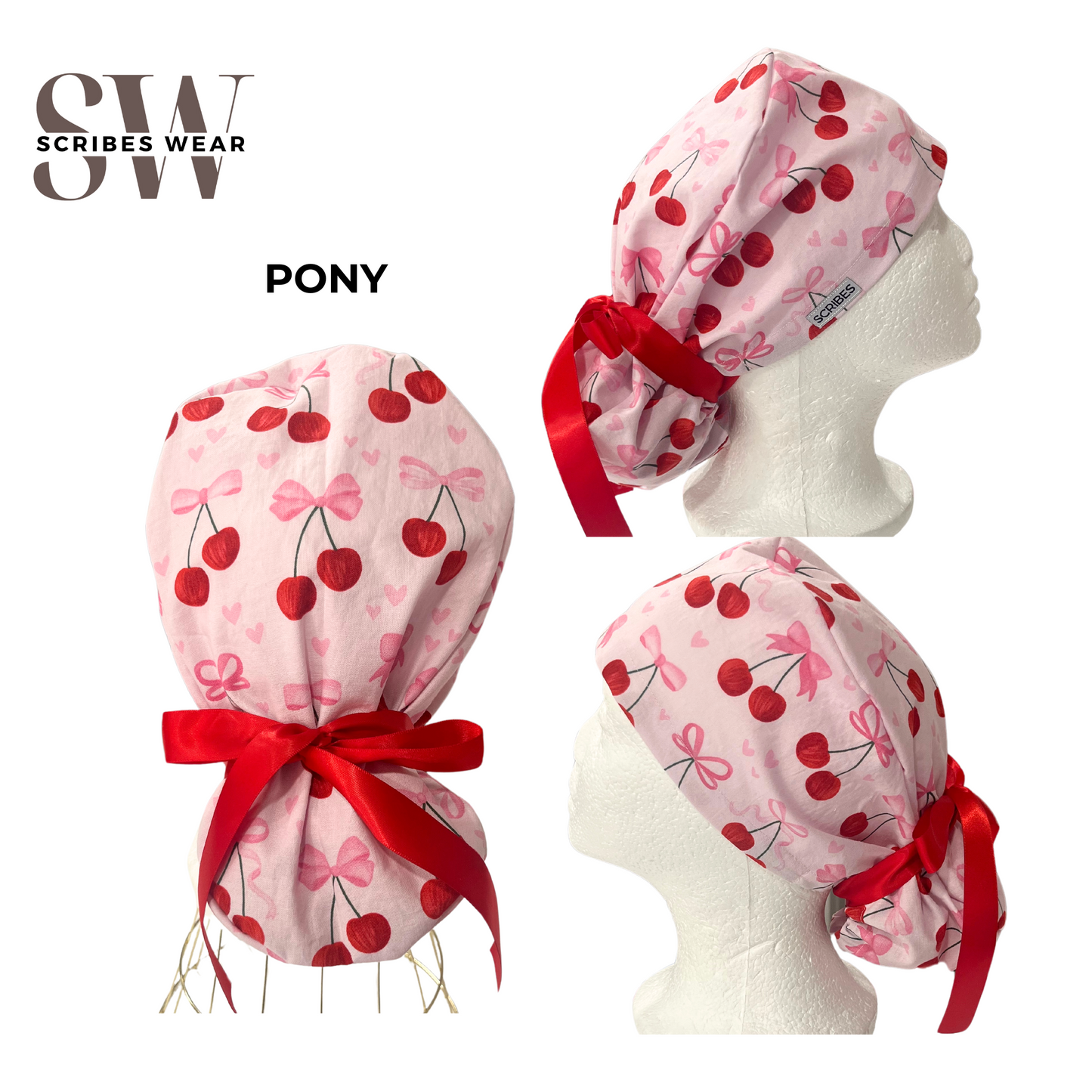 Cherries and Bowties Pony Style Scrub Cap