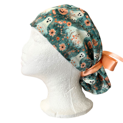 Peach Ghosts and Pumpkins, Halloween Pony Scrub cap Exclusive Print