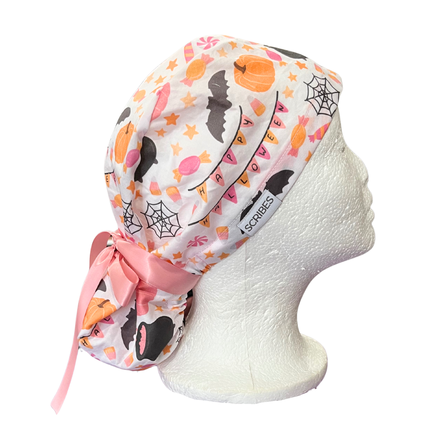 Happy Halloween with pumpkins and bats in Pony Scrub cap