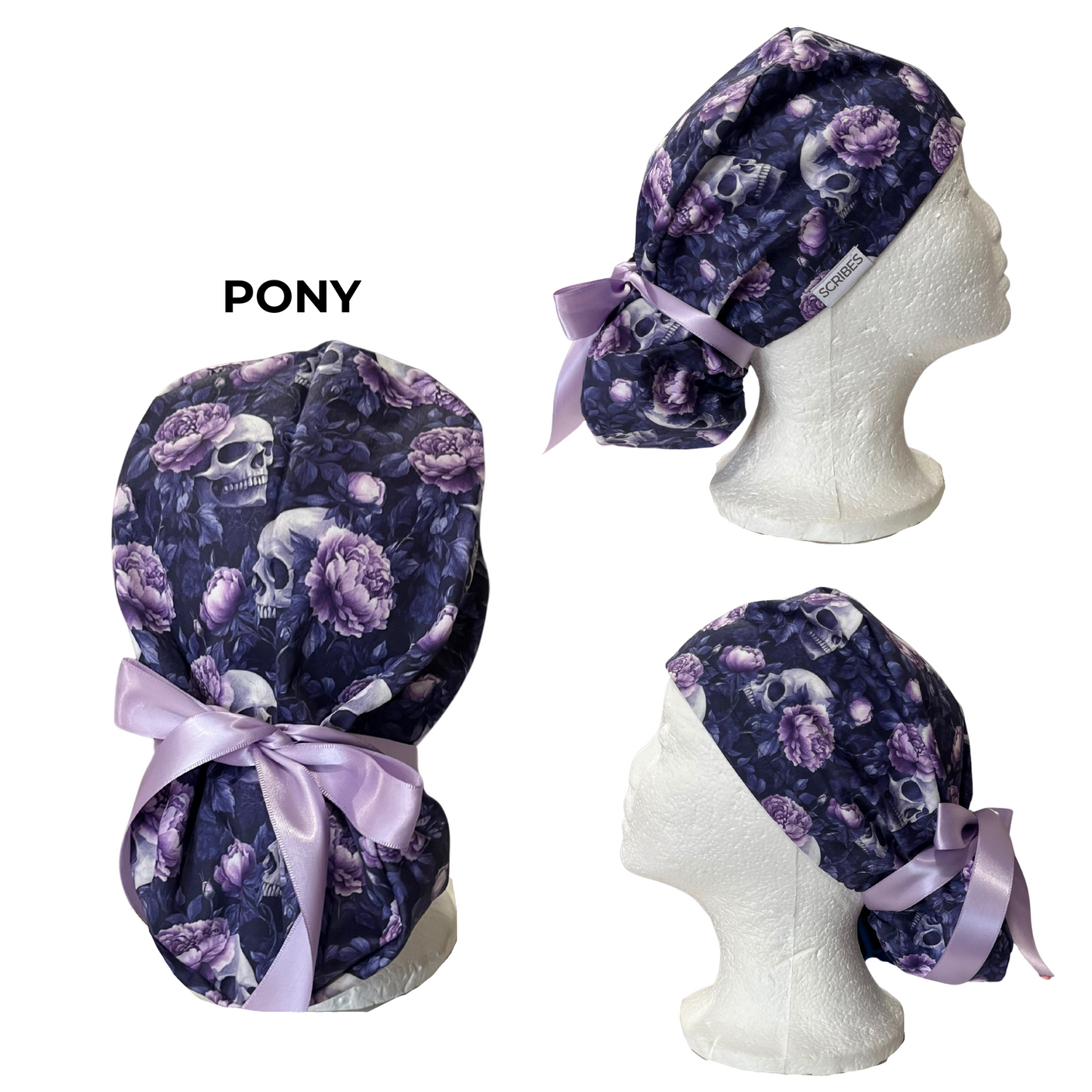 Pre-Order Dark Fantasy Skull and Peonies Halloween Pony Scrub cap Exclusive Print